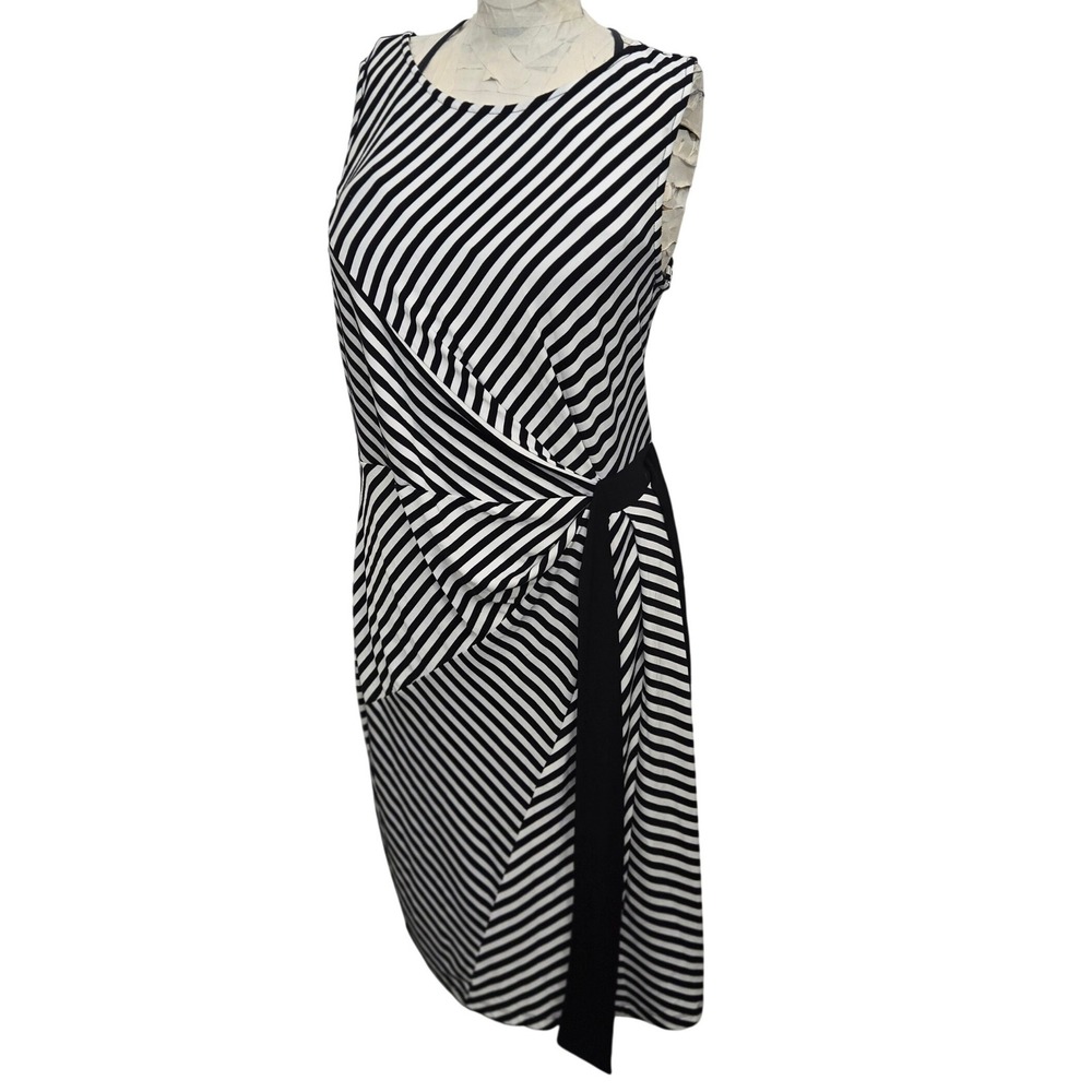 Maggy Boutique Dress Size 12 Black White‎ Striped Ruched Asymmetrical Sleeveless